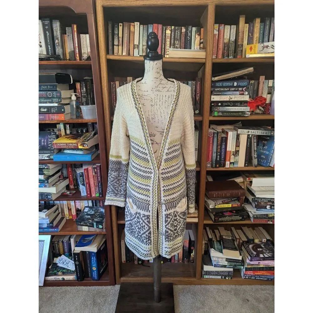 Free People Women’s Large Cream Grey Fair Isle Wool Blend Annabelle Cardigan